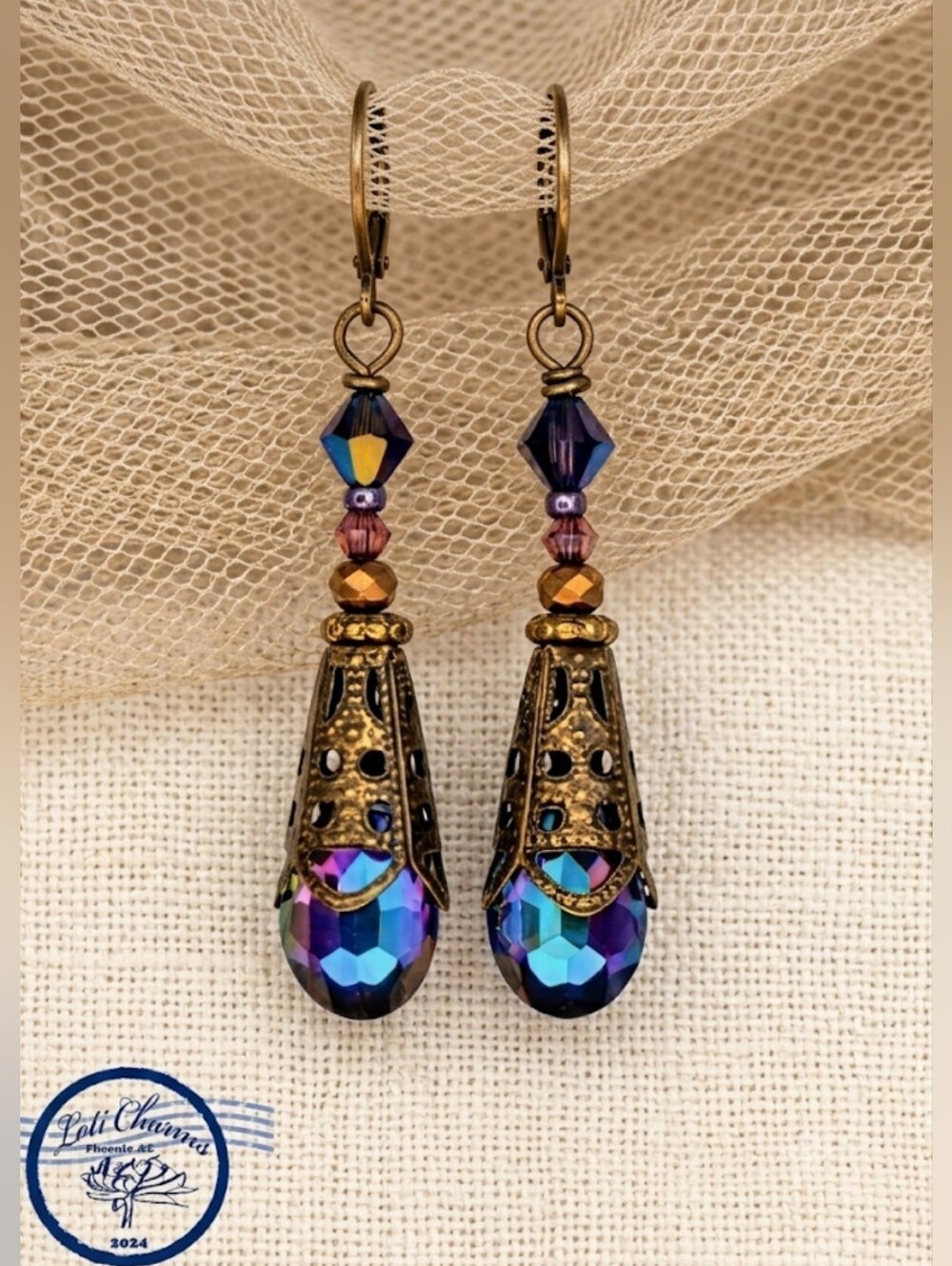 Victorian Volcano Swarovski Crystal In Filigree Ornate Drop Earrings In Brass